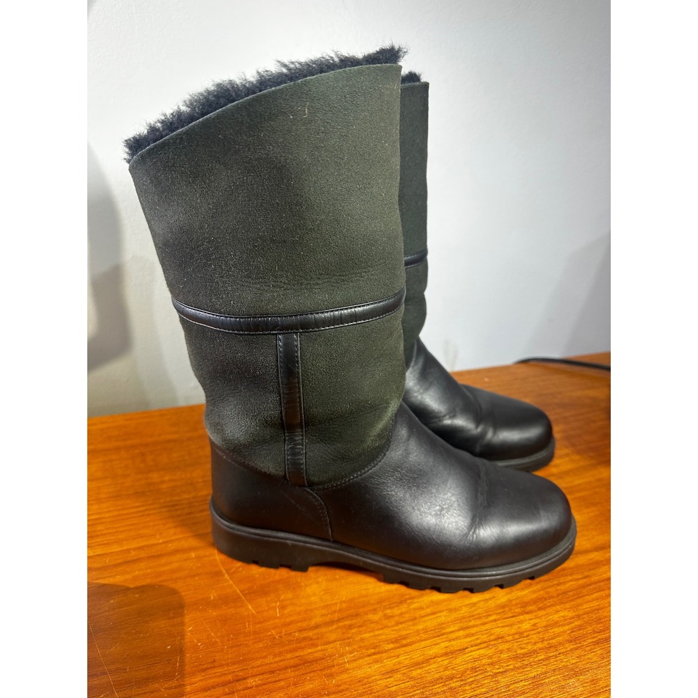 La Canadienne Black Leather Olive Suede Faux Fur Lined Boots Made in Canada 8M